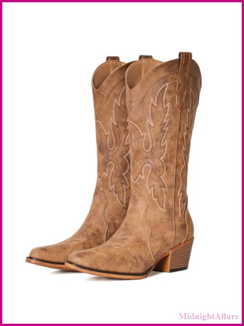 Women's Cowboy Boots Faux Leather Snip Toe Mid Calf Western Pull On